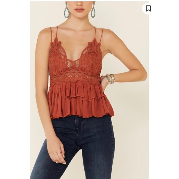 FREE PEOPLE ADELLA CAMI, RUFFLE LACE ORANGE/REDISH, BOHO, CONCERT, VACATION, Y2K - Picture 4 of 6